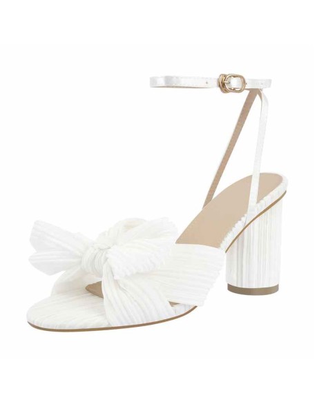 Pleated Bow Cylindrical Chunky Heel Sandals