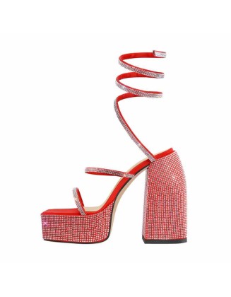Rhinestone Chunky High Heels Slip On Sandals
