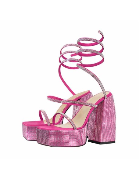 Rhinestone Chunky High Heels Slip On Sandals