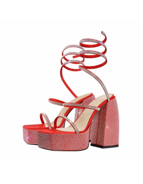 Rhinestone Chunky High Heels Slip On Sandals