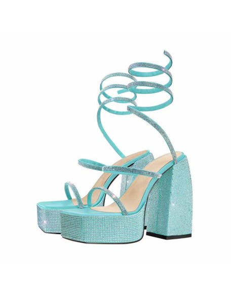 Rhinestone Chunky High Heels Slip On Sandals