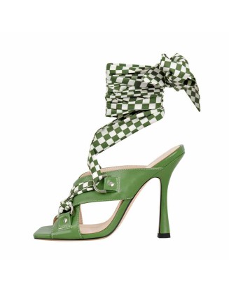 Plaid Lace Up Strap High Heel Green Sandals