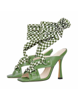 Plaid Lace Up Strap High Heel Green Sandals