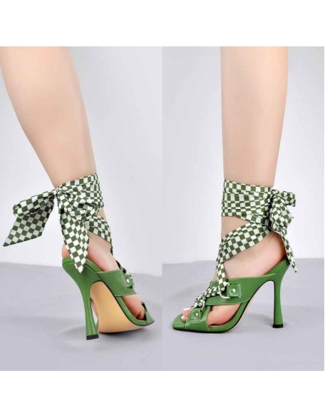 Plaid Lace Up Strap High Heel Green Sandals