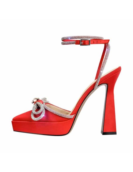 Pointed Toe Platform Rhinestone Bow Block Heel Sandals