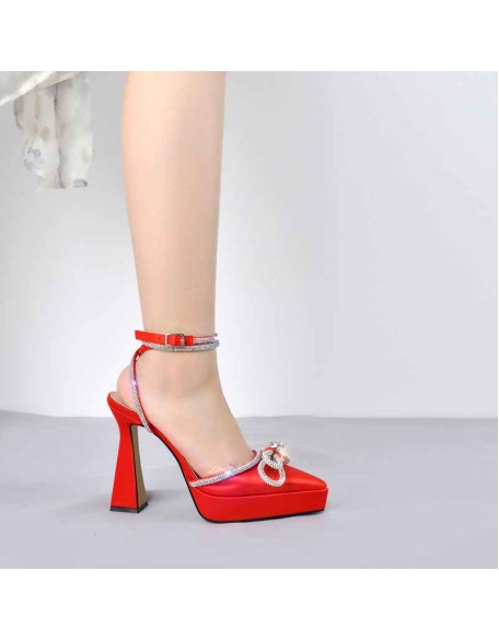Pointed Toe Platform Rhinestone Bow Block Heel Sandals