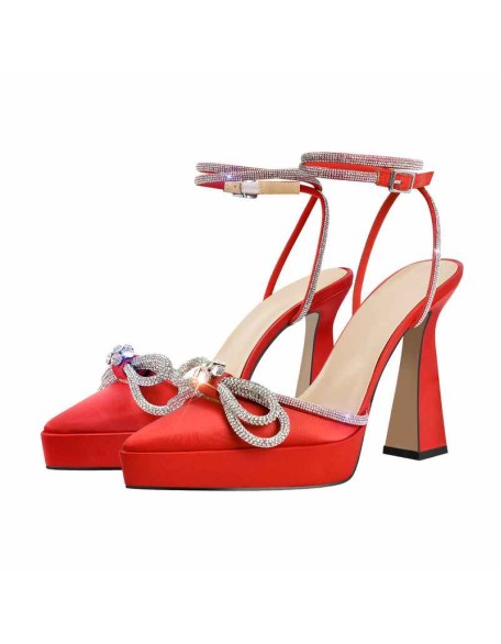 Pointed Toe Platform Rhinestone Bow Block Heel Sandals
