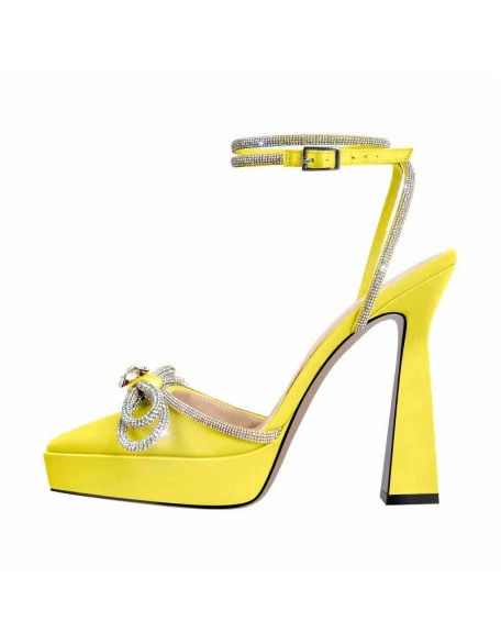 Pointed Toe Platform Rhinestone Bow Block Heel Sandals