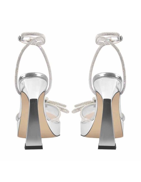 Pointed Toe Platform Rhinestone Bow Block Heel Sandals
