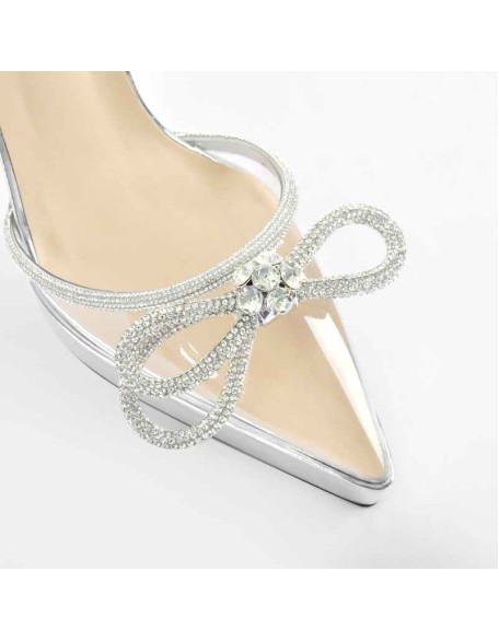 Pointed Toe Platform Rhinestone Bow Block Heel Sandals
