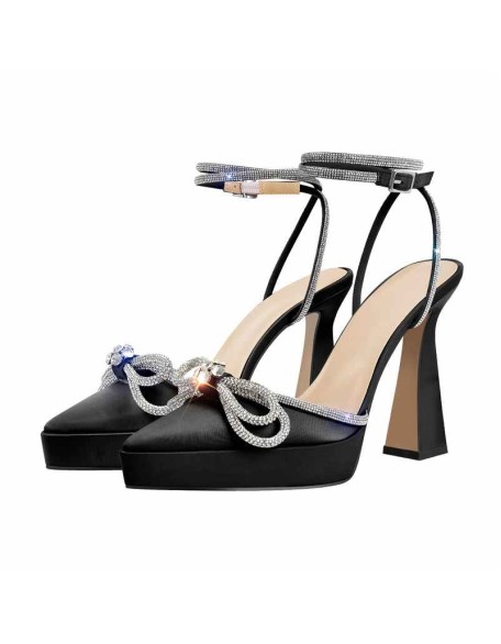 Pointed Toe Platform Rhinestone Bow Block Heel Sandals