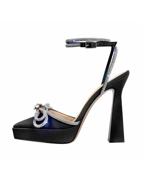 Pointed Toe Platform Rhinestone Bow Block Heel Sandals