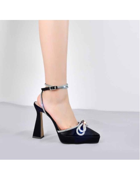 Pointed Toe Platform Rhinestone Bow Block Heel Sandals