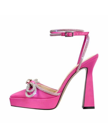 Pointed Toe Platform Rhinestone Bow Block Heel Sandals