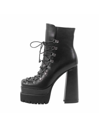 Black Double Platform Side Zipper Lace-up Ankle Boots