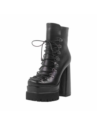 Black Double Platform Side Zipper Lace-up Ankle Boots