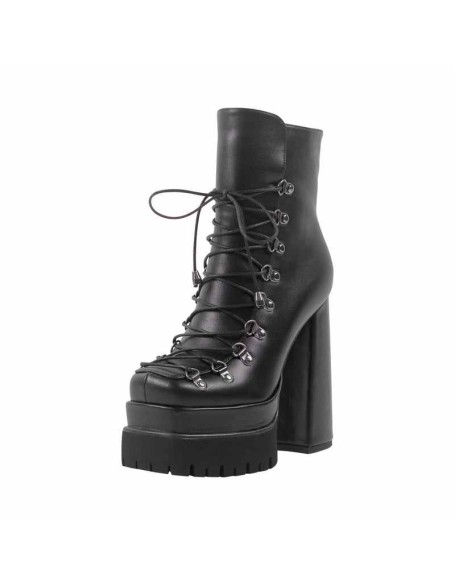 Black Double Platform Side Zipper Lace-up Ankle Boots