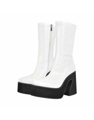 White Chunky Heel Side Zipper Boots