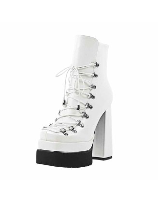 White Double Platform Side Zipper Lace-up Ankle Boots
