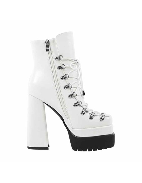 White Double Platform Side Zipper Lace-up Ankle Boots