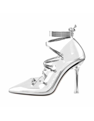 Pointed Toe Lace-Up Transparent Stilettos Pumps
