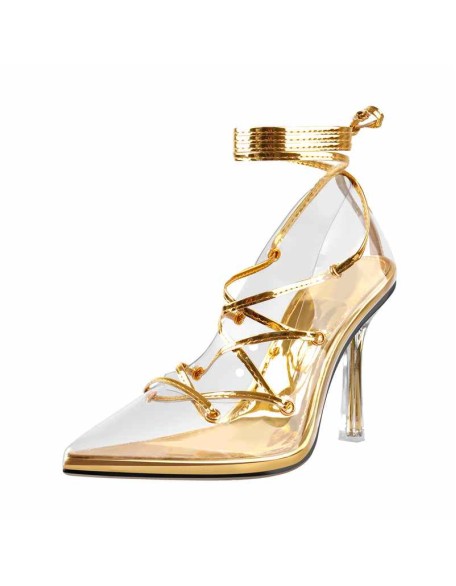 Pointed Toe Lace-Up Transparent Stilettos Pumps