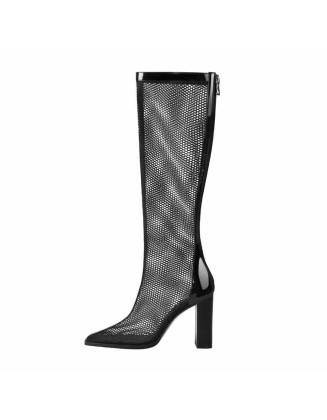 Black Mesh Square Toe Thigh High Boots