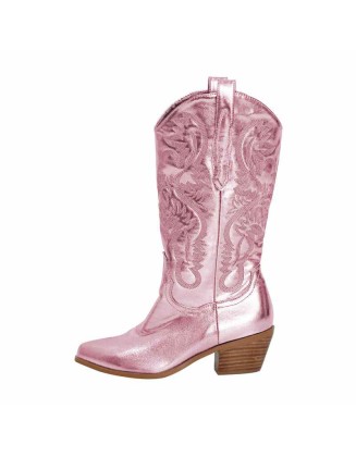Pink Embroidered Mid-Calf Western Boots