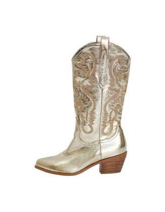 Gold Embroidered Mid-Calf Western Boots