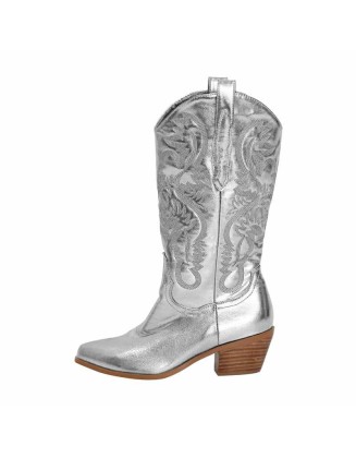 Silver Embroidered Mid-Calf Western Boots