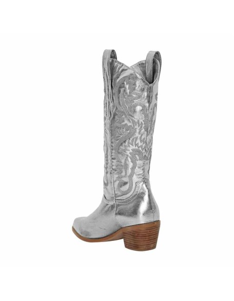Silver Embroidered Mid-Calf Western Boots