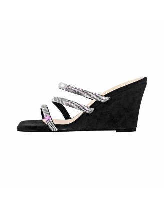 Black Rhinestone Strap Square Toe Wedge Sandals