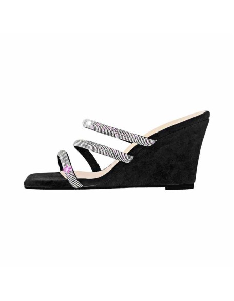 Black Rhinestone Strap Square Toe Wedge Sandals
