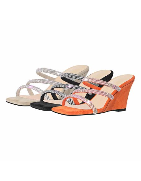 Black Rhinestone Strap Square Toe Wedge Sandals