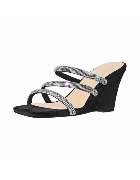 Black Rhinestone Strap Square Toe Wedge Sandals