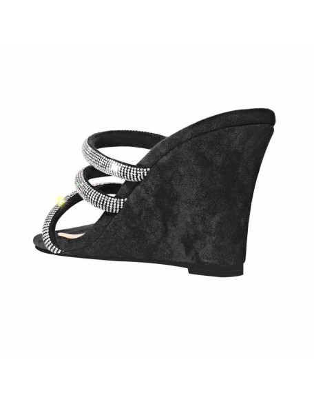 Black Rhinestone Strap Square Toe Wedge Sandals