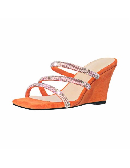 Black Rhinestone Strap Square Toe Wedge Sandals