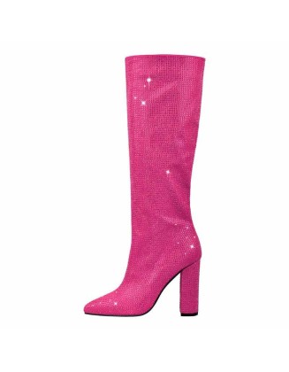 Pointed toe Chunky Heels Rhinestone Knee High Boots