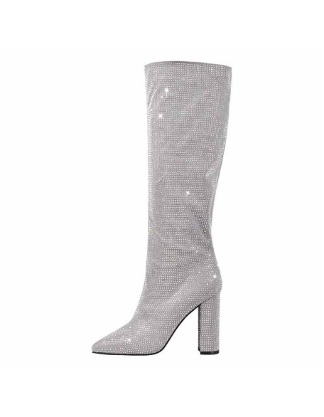 Pointed toe Chunky Heels Rhinestone Knee High Boots