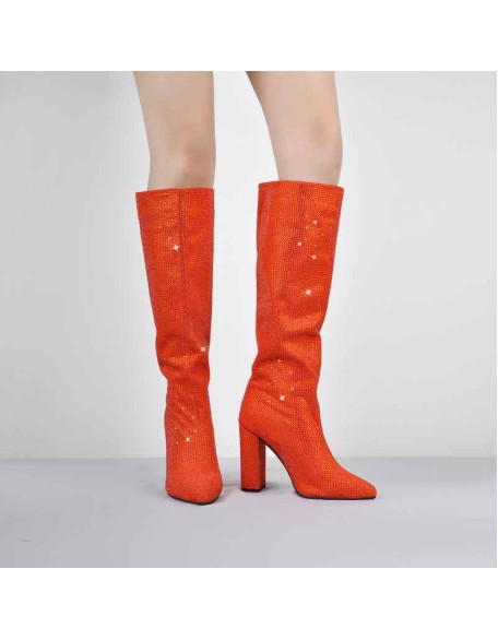Pointed toe Chunky Heels Rhinestone Knee High Boots