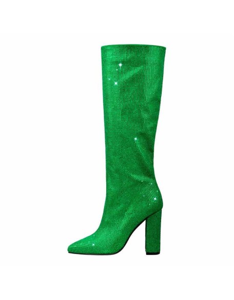 Pointed toe Chunky Heels Rhinestone Knee High Boots