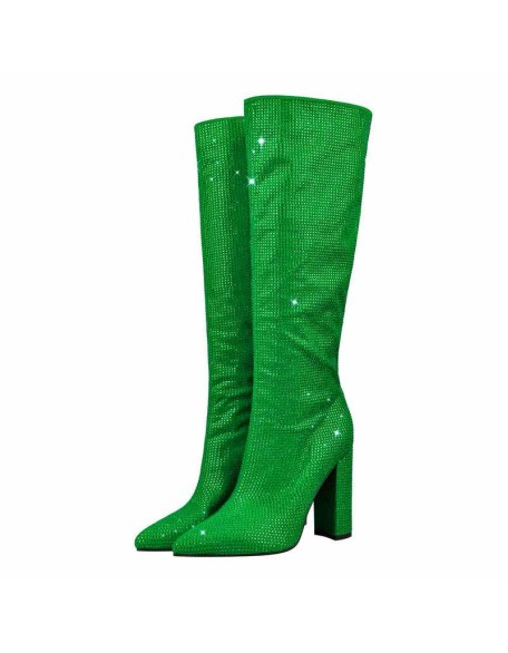 Pointed toe Chunky Heels Rhinestone Knee High Boots