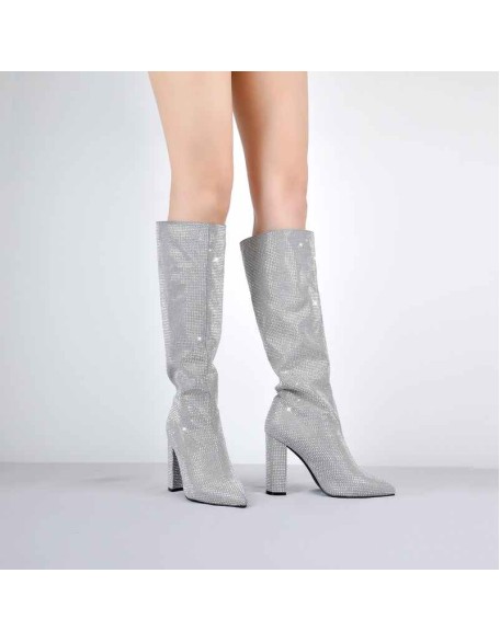Pointed toe Chunky Heels Rhinestone Knee High Boots