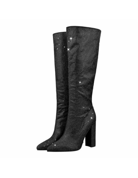 Pointed toe Chunky Heels Rhinestone Knee High Boots