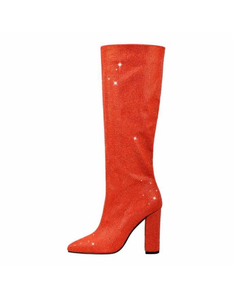 Pointed toe Chunky Heels Rhinestone Knee High Boots