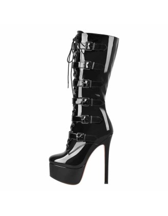 Black Patent Leather Platform Lace Up Knee High Boots