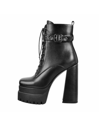 Black Lace up Zipper Chunky Ankle Boots