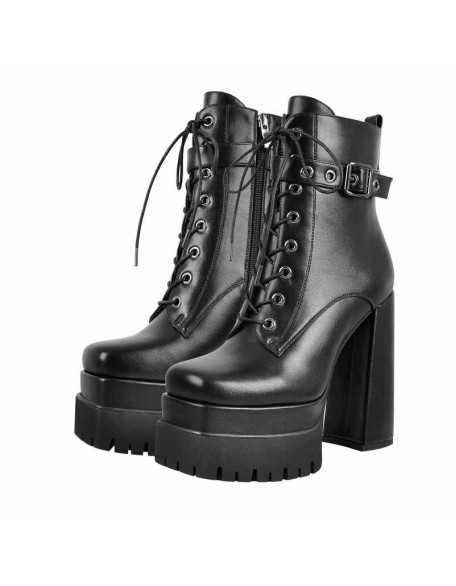 Black Lace up Zipper Chunky Ankle Boots