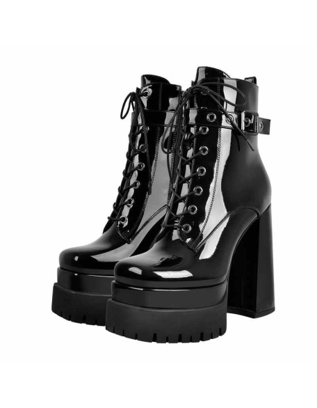Black Lace up Zipper Chunky Ankle Boots