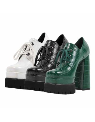Double Platform Leather Patterned Lace Up Pumps